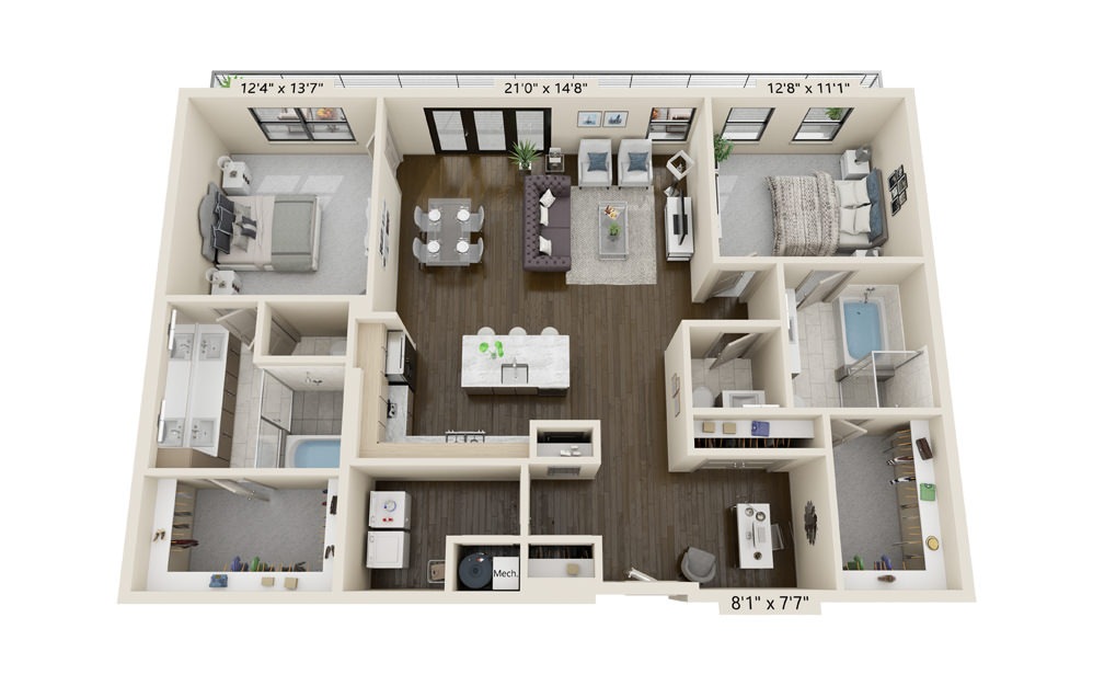 B7 - 2 bedroom floorplan layout with 2.5 baths and 1680 square feet.