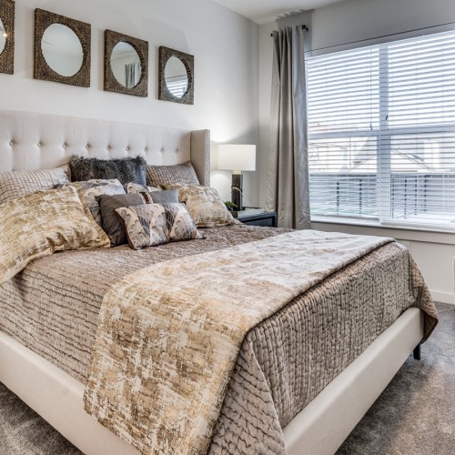 Bedroom  Spacious and well lit bedroom with plush carpet and large windows at The Drake
